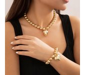 2Pcs Punk Big Love Heart Pendant Choker Necklace Women Goth Vintage CCB Beads Chain Bracelets Grunge Jewelry Set Steampunk Men