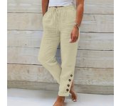 Womens Summer Elastic Waist Pocket Pocket Solid Color Cotton Linen Wide Leg Pants Loose Nine Points Pants Pants for Women