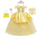 Girls Belle Cosplay Costumes Girls Dresses for Beauty Kids Party Clothing Magic Stick Crown Children Yellow Dress and The Beast