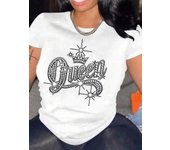 Rhinestone Queen Print T-Shirt Casual Short Sleeve Women's