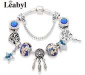 Classic Royal Blue Crystal Star Moon Beads Bracelet Dark Blue Enamel Murano Pendant Charm Bracelet & Bangle Mix Style Jewelry