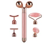 5-in-1 24K Gold Beauty Wand Face Massager Electric Vibrating Rose Quartz 3D Roller Face Lifting Body Facial Gua Sha Jade Roller