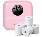Impresora Portátil con 5 Rollos de Papel Térmico - Mini Impresora Térmica para Móvil, Cable USB, Compatible con iOS y Android, Color Rosa