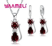 Real 925 Sterling Silver Color Jewelry Sets for Woman Girls Shining Austrian Crystal Cute Cat Pendant Necklace Huggie Earring