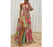 Autumn Women's Casual Long Sleeved Waist Tied Dress with Slanted Collar and Off Shoulder Holiday Party Fashion Print Slit Dress