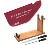 WellHome Jamonero de madera con herraje en V 40x16x23cm, pincho y fijación pezuña, set de cuchillo Jamonero (25cm) y Chaira (21cm) acero inoxidable alta calidad y funda