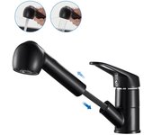 Grifo de Cocina Negro with rociador extraible de 50 cm, mezcla de Cocina de 2 rociadores, mezcla de fregadero de cocina de Agua fría y Caliente