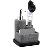 PORCHEDDU Dispensador de jabón blanco con soporte de esponja, bomba de dispensador de jabón de cocina, carrito de esponja y soporte de cepillo 3 en 1 juego organizador para encimera de fregadero, bandeja extraíble, aspecto de mármol (cepillo no incluido)