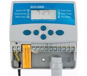 Programador de riego eléctrico Eco Logic 6 estaciones Interior Hunter Programador eléctrico que permite controlar hasta 6 zonas de riego con electroválvulas a corriente 24V. 2 programas independientes con 4 horas de inicio por programa. Tiempo de