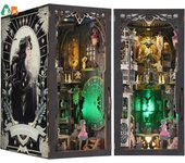 Book Nook Kit,DIY Miniature Dollhouse Booknook Kit,3D Wooden Puzzle Bookend Bookshelf Insert Decor LED Light for Teens Adults