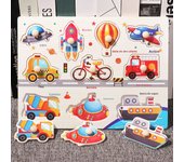 Montessori Wooden Hand Grab Boards Tangram Jigsaw Baby Educational Cartoon Vehicle Animals Fruits 3D Puzzles Early Education
