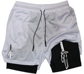 Print 2 in 1 Running Workout Shorts for Men Gym Performance Compression Shorts with Phone Pocket Towel Loop Athletic Activewear