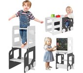 AIYAPLAY Torre de Aprendizaje 4 en 1 Taburete de Aprendizaje para Niños de +3 Años en Forma de Coche Convertible en Mesa y Silla con Pizarra de Doble Cara Barra de Seguridad 58x46x92 cm Blanco y Gris