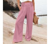 Summer Cotton Linen Wide Leg Pants Women Loose Palazzo Pant Pocket Elastic Waist Button Casual Pant Pants for Women Women’s Pant