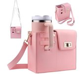 Bolsa de almacenamiento portátil para exteriores con forma de bandolera para mujer, portabotellas de cuero multifuncional con correa de hombro ajustable (rosa)