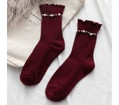 1 Pair Women's Mid Length Socks Pearl Decoration Fashion Pleated Pile Up Socks Lace Lace Lolita Jk Versatile Girls' Cotton Socks