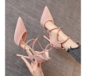 2024 New Cross-strap Roman Sandals Suede High Heels Women's Shoes One-line Buckle Fine Heel Pointed Sandals Zapatos De Mujer