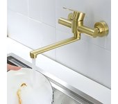 Grifo de cocina montado en la pared Grifos de cocina giratorios de 360 ° Mezclador de fregadero monomando de acero inoxidable 304 para fregadero de cocina Oro cepillado