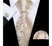 Barry.Wang Gold Beige Yellow Brown Tulip Silk Men Tie Handkerchief Cufflink Set Jacquard Necktie for Male Wedding Business Party
