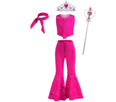2024 Movie Barbi Cosplay Costume for Girls Rose Red Vest Top and Flared Pants Suit Kids Fantasy Halloween Carnival Party Clothes