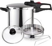 Practika Plus - Pack Exclusivo Olla Express Rápida 7.5L + Cestillo + Tapa de Cristal, Acero Inoxidable 18/10, Sensor de Presión, Inducción