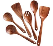 Cucharas de madera (6 unidades), utensilios de cocina, cucharas de cocina antiadherentes de madera de teca natural, juego de utensilios de cocina