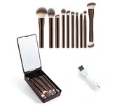 Juego de brochas de maquillaje portátil con espejo LED: 10 brochas aptas para viajes e iluminación ajustable para un maquillaje perfecto en movimiento