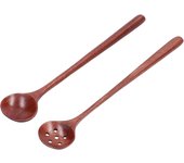 Juego de 2 cucharas de madera con mango largo y recto, utensilio de cocina para taza, plato, cuenco y cocina