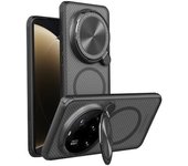 Funda para Xiaomi Mi 15 Ultra, protección de privacidad para lente de cámara, soporte plegable, carcasa trasera de TPU y PC, compatible con MagSafe, esquinas a prueba de golpes y airbag (negro)