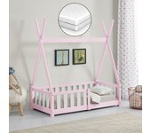 Cama infantil Helsingborg con reja de seguridad y colchón - Diseño Tipi - pino 140x70 cm - Rosa mate [en.casa]