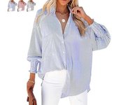 Camisa de largo medio con solapa a rayas y mangas largas ajustadas, Camisa de largo medio con solapa a rayas