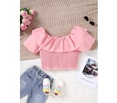Summer New Girls' Ruffled One Neck Off Shoulder Short Sleeved Shirt With Pleats Slim Fit And Slimming Effect Short Shirt