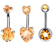 3PCS Stainless Steel Cubic Belly Button Rings Set, 14G Heart Belly Piercing Pack Crystal Navel Ring Set Cute Belly Rings