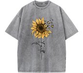 Sunflower And Butterfly Cotton Washed T-Shirt Women Prints Tops Summer O-Neck Oversized T Shirts Vintage Black Woman Clothes