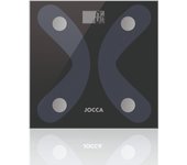 Báscula Jocca con bluetooth 4.0 hecha de vidrio templado que determina el porcentaje de grasa corporal, agua corporal, masa muscular, hueso, IMC, calorías, grasa visceral y peso a través de la aplicación móvil