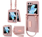 Vietao for Samsung galaxy z flip 6 case, women bank card wallet leather phone case with wristband for galaxy z flip 6, rose gold