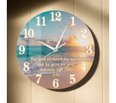 Reloj de pared con paisaje de playa y atardecer de 12.0 in, moderno reloj de pared decorativo de Jesucristo, silencioso, sin tictac, fe cristiana, versículo bíblico, Juan 3:16, reloj de pared religioso para sala de estar