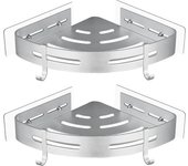 Estante de ducha de esquina de metal sin perforaciones con 2 ganchos de ducha, soporte autoadhesivo a prueba de óxido para artículos de baño, 2 piezas (plata)