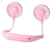 Ventilador de cuello portátil, miniventilador colgante recargable por USB con banda para el cuello y cabezal de viento doble y luz LED, color rosa