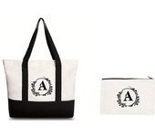 Blue and white porcelain black letter printed canvas beach bag, fashionable and trendy handbag, canvas shopping bag