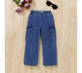 Girls'denim pants children's four seasons side pocket overalls elastic waist denim dark blue