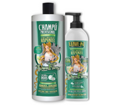 Tratamiento Capilar Champú y Leave - in de peinado, Rapunzel, Dona Flora Cosméticos, Con ingredientes activos de Biotina, Vitaminas y Castaña de Indias. Para todo tipo de cabellos. Tratamiento estimulante de crecimiento y Anti- Caída, Protector de calor