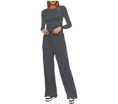 Casual suit with pleats new product solid color long sleeved top high waist wide leg pants sportswear