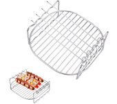 Rejilla de doble capa para freidora de aire, accesorios multiusos con 4 brochetas, sartén de acero inoxidable de 6,8 pulgadas compatible con freidora de aire.