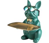 Muñeca bulldog francés con bandeja decoración de mesa de acero inoxidable escultura decoración llavero estatua piezas pequeñas contenedor frutero (verde)
