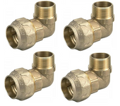 SUINGA Pack 4 Codo macho Latón 25mm x 3/4'' para tubería de polietileno 25 mm | Accesorio latón | Certificado Aenor | Codo rosca macho