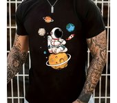 Men's 100% cotton summer loose size Cartoon Astronaut Planet printed slim fit casual sports round neck short sleeved T-shirt top