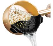 Colador de silicona con clip para ollas y sartenes, colador de pasta, colador de comida con clip para carnes, verduras y frutas, colador de cocina de silicona Negro