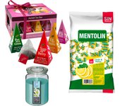Pack surtido: MENTOLIN LIMON MELISA S/A BOLSA 1KG + WELL HOME - Vela con flor tiare + WELL HOME - Caja de Té Joyfull con variedad de sabores