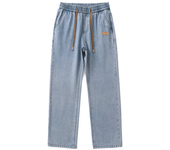 Men Dark Blue Blue Stretch Elastic Waist Denim Pants Streetwear Loose Full Length Trousers Straight Wide Leg Drawstring Jeans